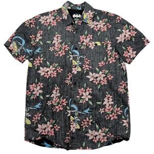 BATMAN DC Comics Hawaiian Button Shirt Men's Medium Floral Reverse Print Surfing